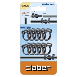Förpackning med 10 st svarta Claber slangklämma, modell 91096, för 1/2" (13-16 mm) slangar. Produktinfo visas på blå och vit bakgrund.