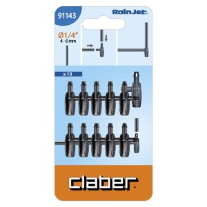 Claber vinkelkoppling 1/4" produktförpackning visar tio svarta rörkopplingar för bevattningssystem med installationsdiagram.