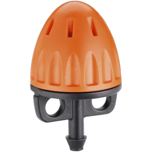 Claber-sprinklern "ADJUSTABLE SHRUBBLER" är en orange, kupolformad plastdroppare med vertikala slitsar och två sidohål, monterad på en svart koppling för slang- eller rörfäste.
