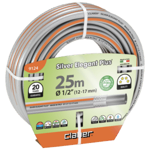 Claber vattenslang "SILVER-ELEGANT PLUS" är en 25 meter lång, 1/2" upprullad slang med silver- och orangefärgade accenter, tillverkad i Italien och med 20 års garanti.