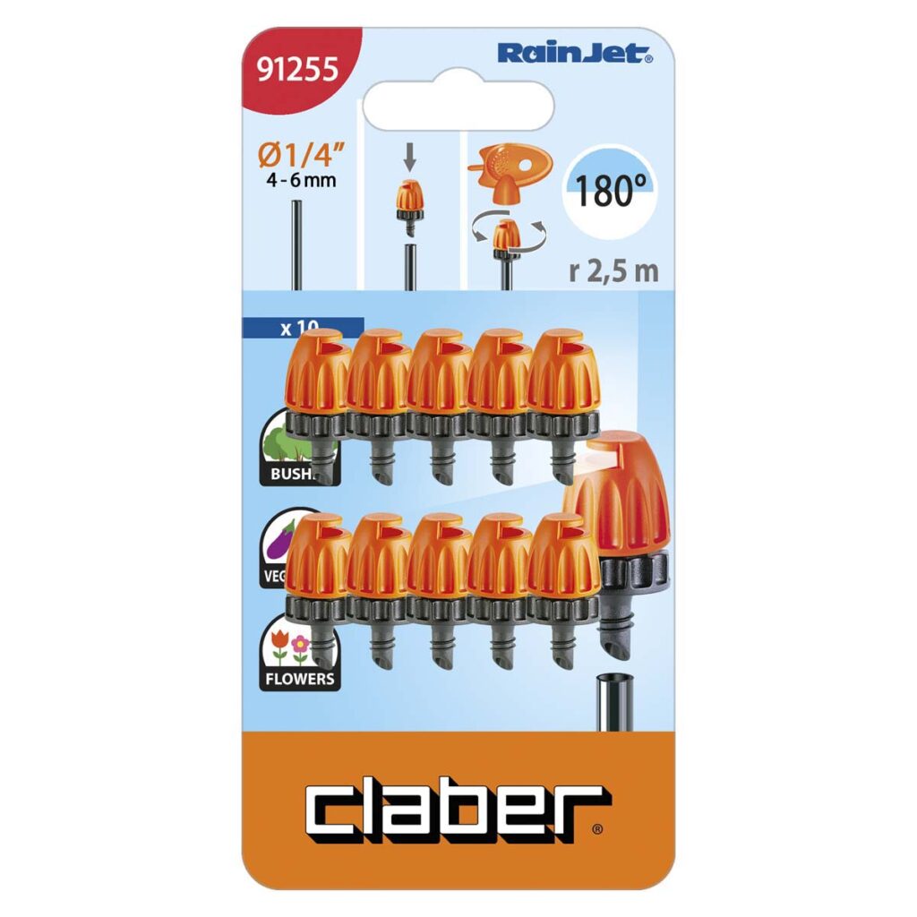 Förpackning för Claber sprinkler "180° MICRO SPRINKLER", med 10 orange och svarta justerbara spridare (1/4", 4-6 mm) för bevattning med 180° spridningsvinkel och 2,5 m räckvidd. Produkttyp och storlek visas tydligt på bilden.