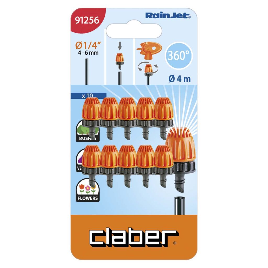 En blisterförpackning med 10 Claber "360° MICRO SPRINKLER" modell 91256, för 4-6 mm bevattningsrör, lämplig för buskar, grönsaker och blommor, med en sprutvidd på upp till 4 m. Orange och svart färg.