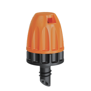 Claber sprutmunstycke "MICRO-SPRINKLER STRIP" är ett orange och svart sprutmunstycke i plast med räfflad, kupolformad topp och gängad anslutning, avsett för användning med trädgårdsslangar eller liknande utrustning.