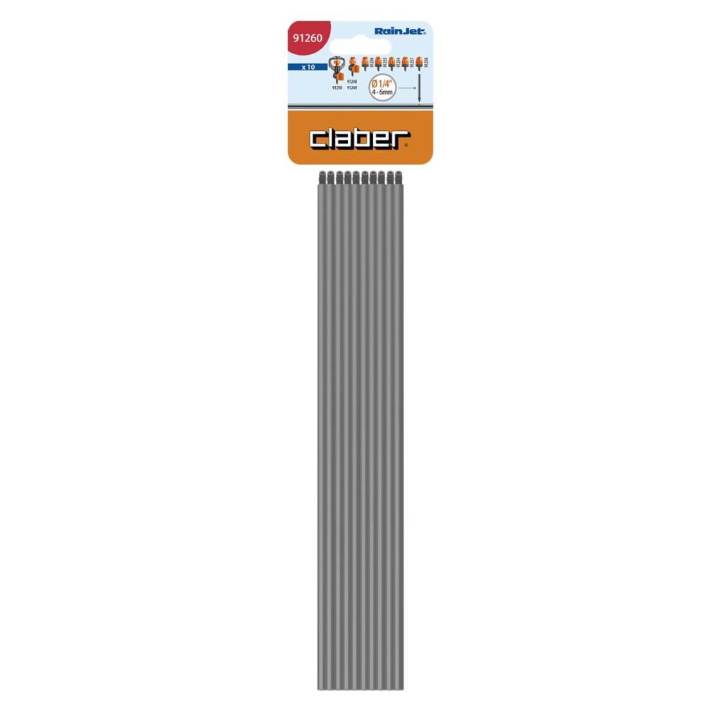 Ett paket med Claber stigarör mikrosprinkler "FITTED RIGID RISERS" grå bevattningspålar i plast, placerade vertikalt med en orange och blå etikett högst upp som visar varumärket och produktdetaljer.