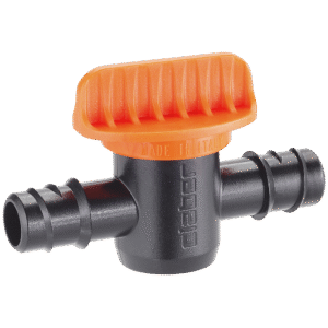 Claber slangventil 1/2" är en svart plastslangkoppling med orange ribbad spak, märkt "Made in Italy" och "Claber", avsedd för att reglera vattenflödet i bevattningssystem.