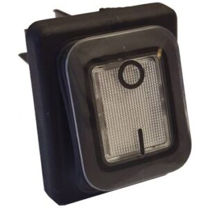 En närbild av PIUSI Strömbrytare 16A 230V, en rektangulär svart vippströmbrytare med en klar strukturerad yta och en på/av-symbol med en cirkel upptill och ett streck nedtill.