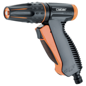 Claber strålpistol "PRECISION" är ett svart och orange trädgårdsmunstycke med ergonomiskt grepp och justerbart spruthuvud.