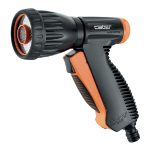 Claber sprinklerpistol "Balcony" är ett svart och orange handhållet slangmunstycke med ett ergonomiskt grepp, justerbart spruthuvud och avtryckarhandtag.