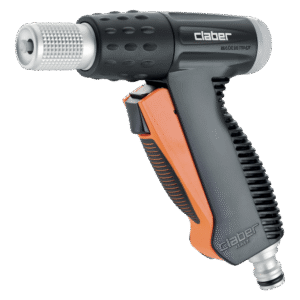 Claber strålpistol "METAL-JET" är ett svart och orange trädgårdsslangmunstycke med ergonomiskt grepp och justerbar metallspets för exakt kontroll vid bevattning utomhus.
