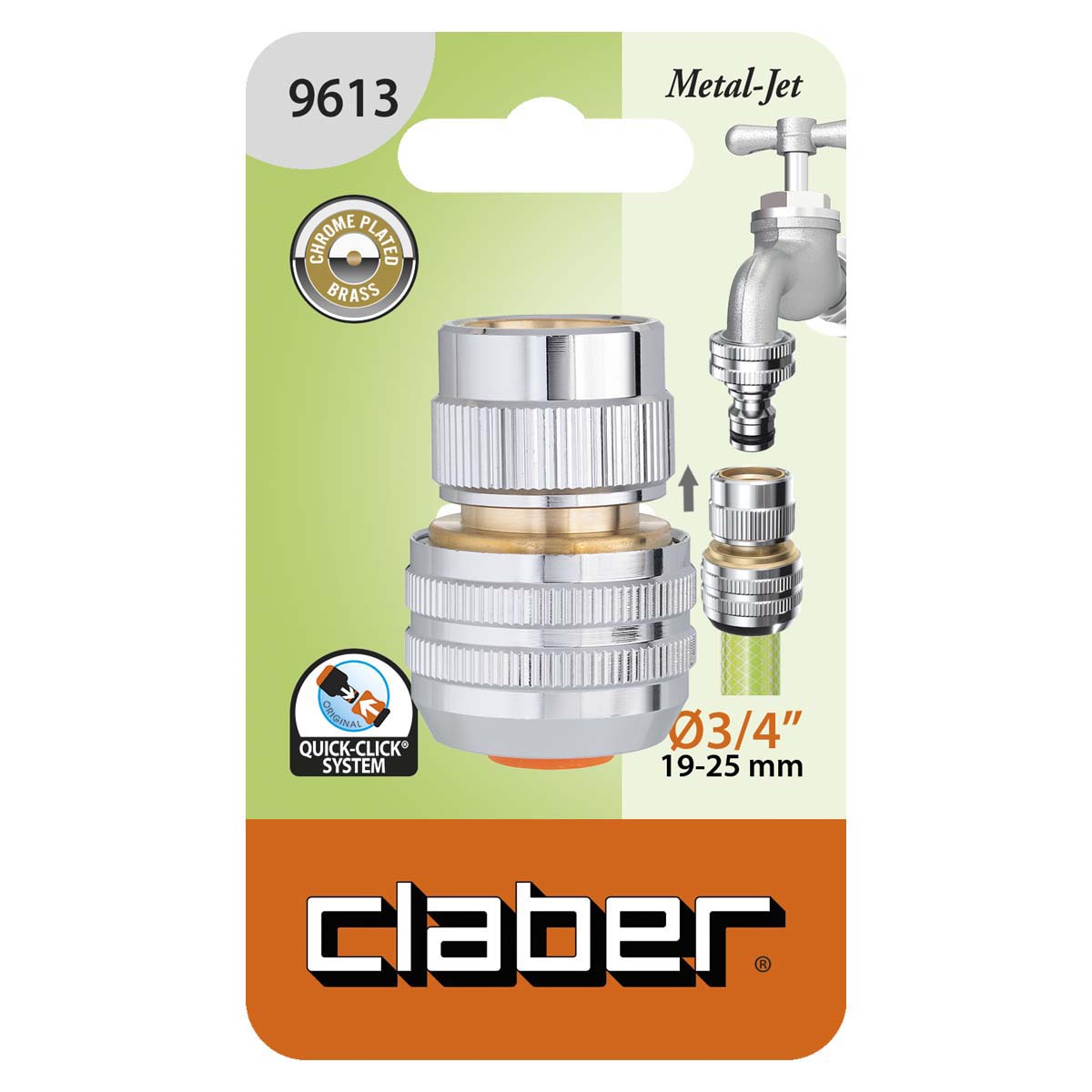 En Claber slangkoppling metall 3/4" visas i förpackning med Quick-Click System, passar 3/4" (19-25 mm) slangar, förkromad mässing och har en illustration av kran- och slanganslutning.