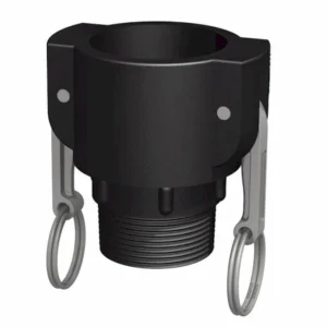 Camlock Hona x Utvändig gänga 1 1/2" är ett svart plastbeslag med en gängad hanände och två metallkamarmar, var och en utrustad med en stor ring för säkra anslutningar.