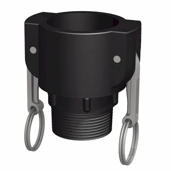 Camlock Hona x Utvändig gänga 1 1/2" är ett svart plastbeslag med en gängad hanände och två metallkamarmar, var och en utrustad med en stor ring för säkra anslutningar.