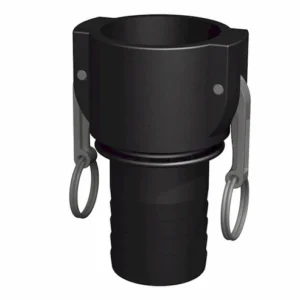 Camlock Hona 2" x Slangsockel 50mm är en svart plastslangkoppling med två låsarmar och -ringar i metall, med en räfflad nedre del för säker och enkel slanginfästning.