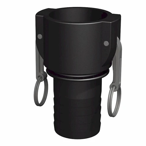 Camlock Hona 2" x Slangsockel 50mm är en svart plastslangkoppling med två låsarmar och -ringar i metall, med en räfflad nedre del för säker och enkel slanginfästning.