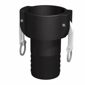 En Camlock koppling C, Hona för slang 3", tillverkad i svart plast med bred topp, två vita låsarmar och en räfflad nedre del för säker slanginfästning.