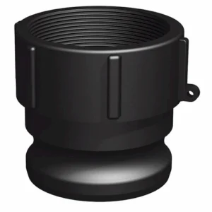 Camlock Hane x Invändig gänga 3" är en svart plaströrskoppling med en bred gängad topp, slät utsvängd bas, vertikala kroppskanter och en sidoslinga.