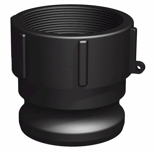 Camlock Hane x Invändig gänga 3" är en svart plaströrskoppling med en bred gängad topp, slät utsvängd bas, vertikala kroppskanter och en sidoslinga.