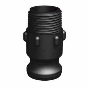 Camlock Hane x Utvändig gänga 1" är en svart plastkontakt med räfflad ovansida, utvändiga gängor, slät rundad undersida och upphöjda bulor runt mitten.
