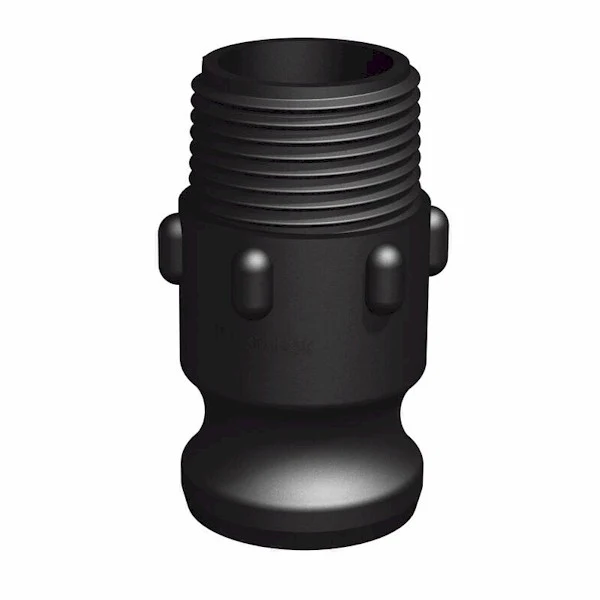 Camlock Hane x Utvändig gänga 1" är en svart plastkontakt med räfflad ovansida, utvändiga gängor, slät rundad undersida och upphöjda bulor runt mitten.