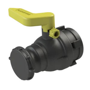 Kulventil 2" till IBC x Camlock hane 2" är en kulventil i svart plast med gult handtag, med ett gängat lock i ena änden och en anslutning i den andra - perfekt för att kontrollera vätskeflödet i rör.