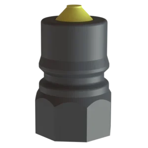 Närbild av adaptern Dry-shut hane 1" x Invändig gänga 1" i svart med sexkantig form och gul topp, isolerad mot en transparent bakgrund.