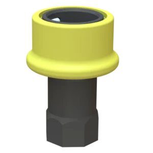 En 3D-renderad bild av adaptern Dry-shut hane 1" x Invändig gänga 1", med en gul cylindrisk topp och metallisk sexkantig bas, som vanligtvis används i mekaniska eller fordonsrelaterade applikationer.