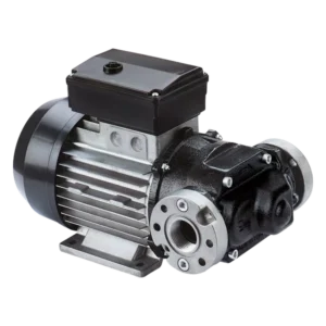 En industriell elmotor i metall som Dieselpump Piusi E80 230 Volt 70 l/min har en svart kontrollbox på ovansidan, en räfflad cylindrisk kropp och en flänsad front med bulthål för mekaniska eller pumpande applikationer.