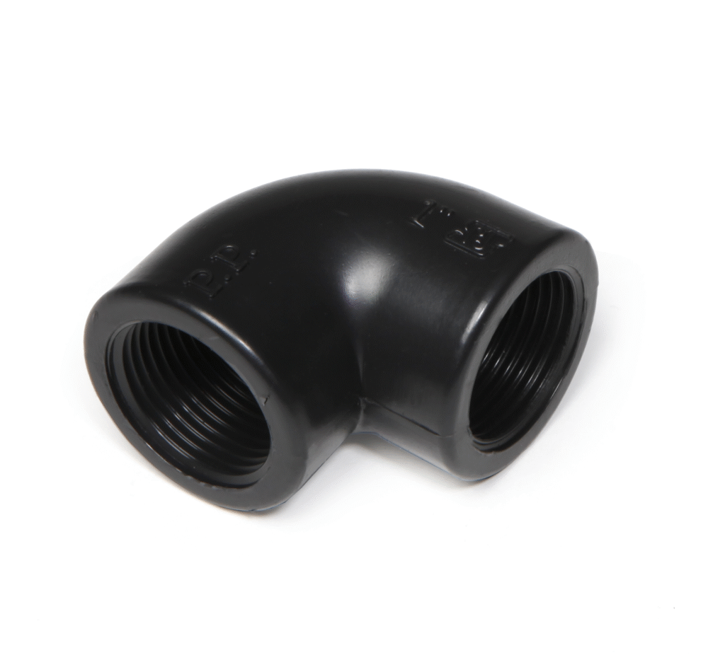 PP 90° F - KVINNLIG GÄNGAD VINKEL 1" / 25MM är en svart plastkrök med invändig gänga, utformad för att ansluta två rör i 90 graders vinkel. Slät, cylindrisk och gängad i båda öppningarna.