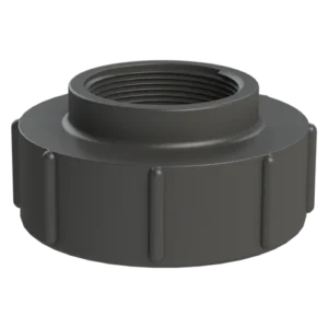 Ett gängat lock eller mutter av svart plast med en bred, rund bas och vertikala greppkanter, utformad för att skruvas på IBC-adapter S100X8 x Invändig gänga 2".