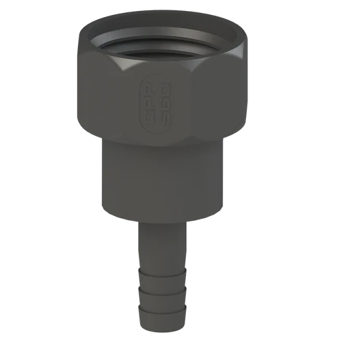IBC-adapter S60X6 x 3/4" slanganslutning är en mörkgrå plastarmatur med sexkantsmutter, gängad insida och en räfflad hullingförsedd ände för slanganslutning.