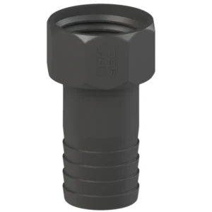 IBC-adapter S60X6 x 2" slanganslutning är en mörkgrå armatur med sexkantig toppmutter och en räfflad cylindrisk del för slanganslutning, som visas vertikalt mot en slät bakgrund.