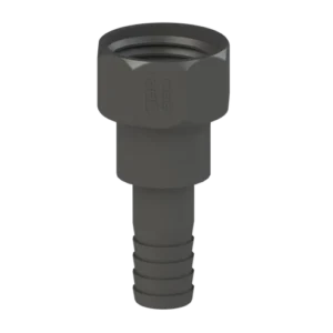 IBC-adapter S60X6 x 1 1/4" slanganslutning är en mörk plastkoppling med en sexkantsmutter i ena änden och en räfflad barb i den andra, perfekt för att fästa slangar eller rör.