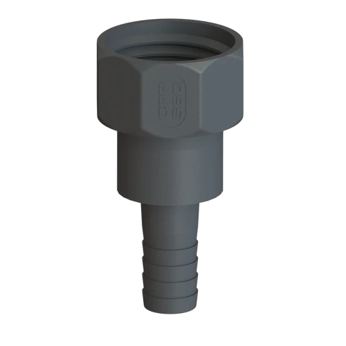 IBC-adapter S60X6 x 1" slanganslutning är en grå plastslangkoppling med gängad sexkantsmutter i ena änden och en räfflad hullingförsedd koppling i den andra för anslutning av flexibla slangar.