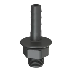 En "Slangsockel för 13mm slang x Utvändig gänga hane 1/2"" i svart plast har en gängad hanbas och en räfflad, avsmalnande anslutning för flexibla slangar.