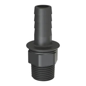 En Slangsockel för 19mm slang x Utvändig gänga hane 3/4" i svart plast, med räfflad slangklämma och gängad ände, visas mot en transparent bakgrund.