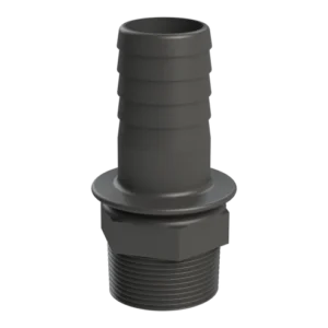Slangsockel för 38mm slang x Utvändig gänga hane 1 1/2" är en svart plastkoppling med räfflad anslutning och gängad ände, perfekt för att ansluta 38mm slang till 1 1/2" gängade rör.