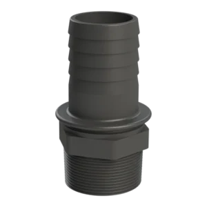 En Slangsockel för 50mm slang x Utvändig gänga hane 2" i svart plast med räfflad ovansida och gängad undersida, utformad för att ansluta en 50mm slang till en 2" utvändig gängad hankoppling.