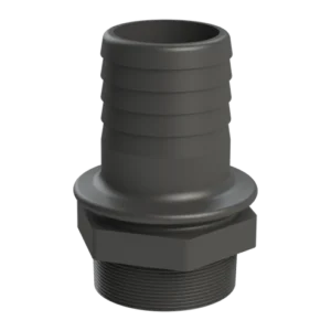 Slangsockel för 75mm slang x Utvändig gänga hane 3" är en svart plastadapter för slangkoppling med en räfflad ände för 75 mm slang och en 3" gängad anslutning för anslutning av flexibla slangar till gängade rördelar.