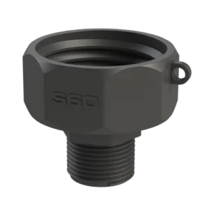 IBC-adaptern S60X6 x Utvändig gänga 1" är svart med sexkantsgängad design, "360"-logotyp, liten fälgögla, breda invändiga spår och en gängad ände för enkel fastsättning av komponenter.