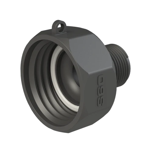 En svart, sexkantig IBC-adapter S60X6 x Utvändig gänga 1" med utvändig gängning och invändig O-ringstätning. Märkt "OGO" och har en liten ögla för fastsättning på ovansidan.