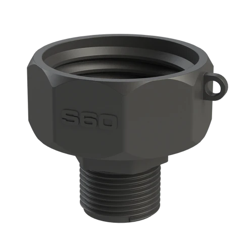 IBC-adaptern S60X6 x Utvändig gänga 1" är svart med sexkantsgängad design, "360"-logotyp, liten fälgögla, breda invändiga spår och en gängad ände för enkel fastsättning av komponenter.