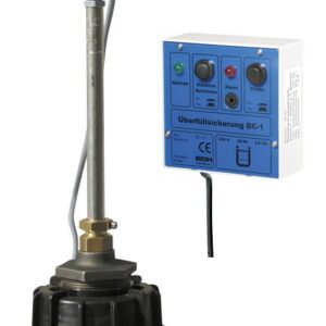 En vätskenivåsensor med en vertikal metallstav och svart bas visas bredvid en blåvit kontrollbox märkt "Överfyllnadsskydd Sensor", med indikatorlampor och knappar.