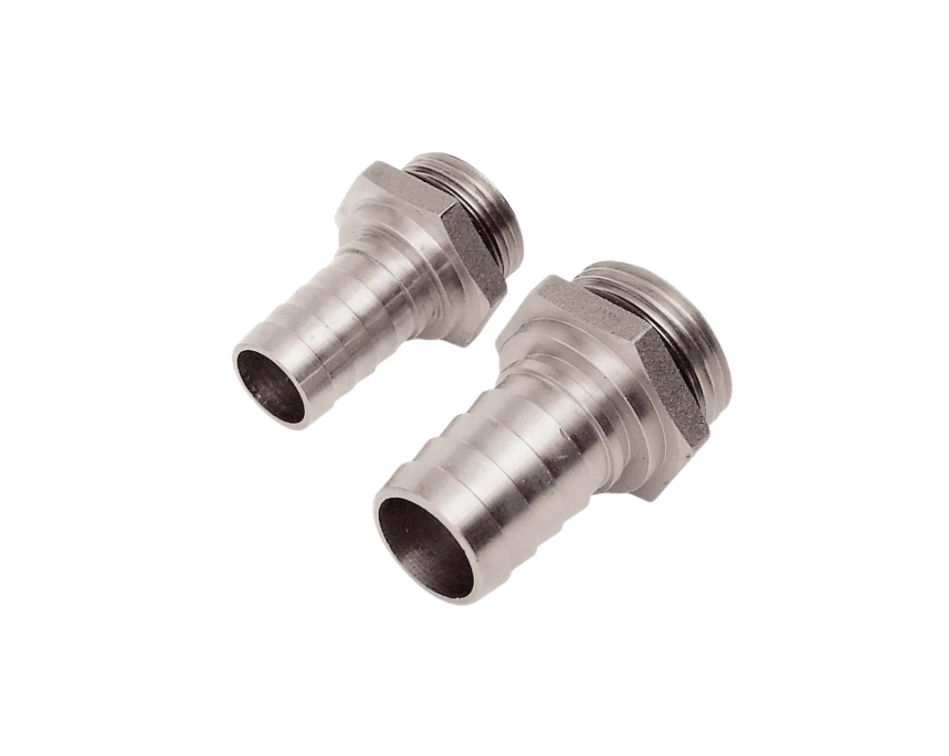 En Slangfäste 3/4″ BSP - 19mm slangarmatur i metall visas mot en vit bakgrund, med en gängad ände och ett räfflat munstycke.