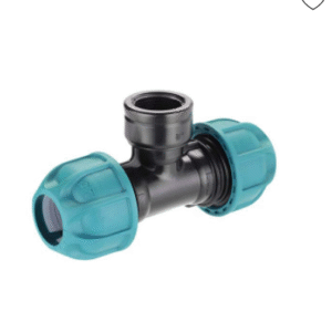 Claber plastkoppling 25 mm T med 20 mm inv. gga är en T-formad plaströrskoppling med svart kropp och två blå gängade ändstycken, avsedd för anslutning av tre rör i VVS- eller bevattningssystem.