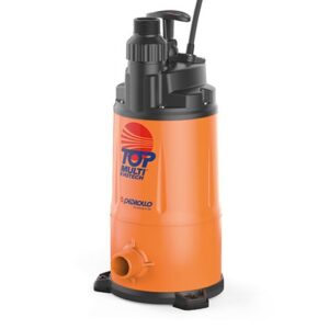 Pedrollo Top Multi Evotech är en orange dränkbar vattenpump med svart topp, påsatt handtag, toppventil och bottenutlopp för effektiv vattenöverföring.
