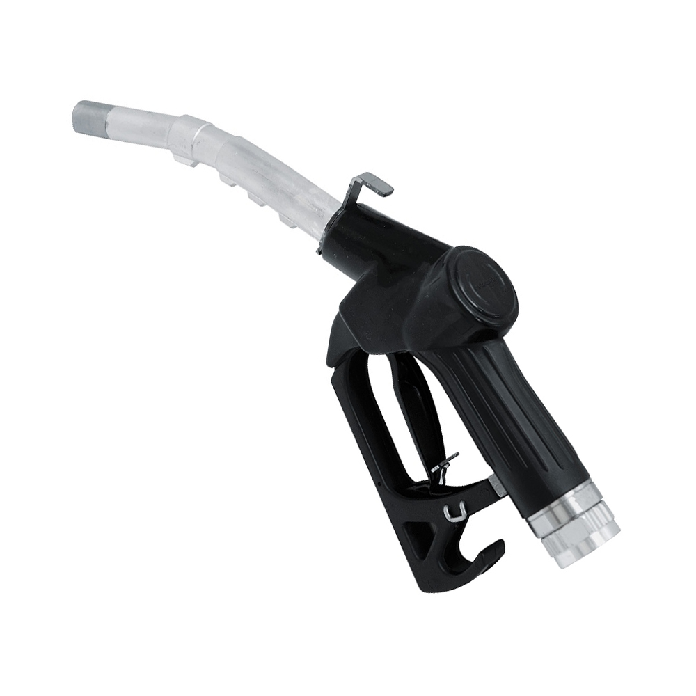 Ett svart Pumphandtag Bensin 60 l/minEX Piusi A60 bränslepumpsmunstycke med silverfärgad spets och böjd pip, isolerat mot en vit bakgrund.