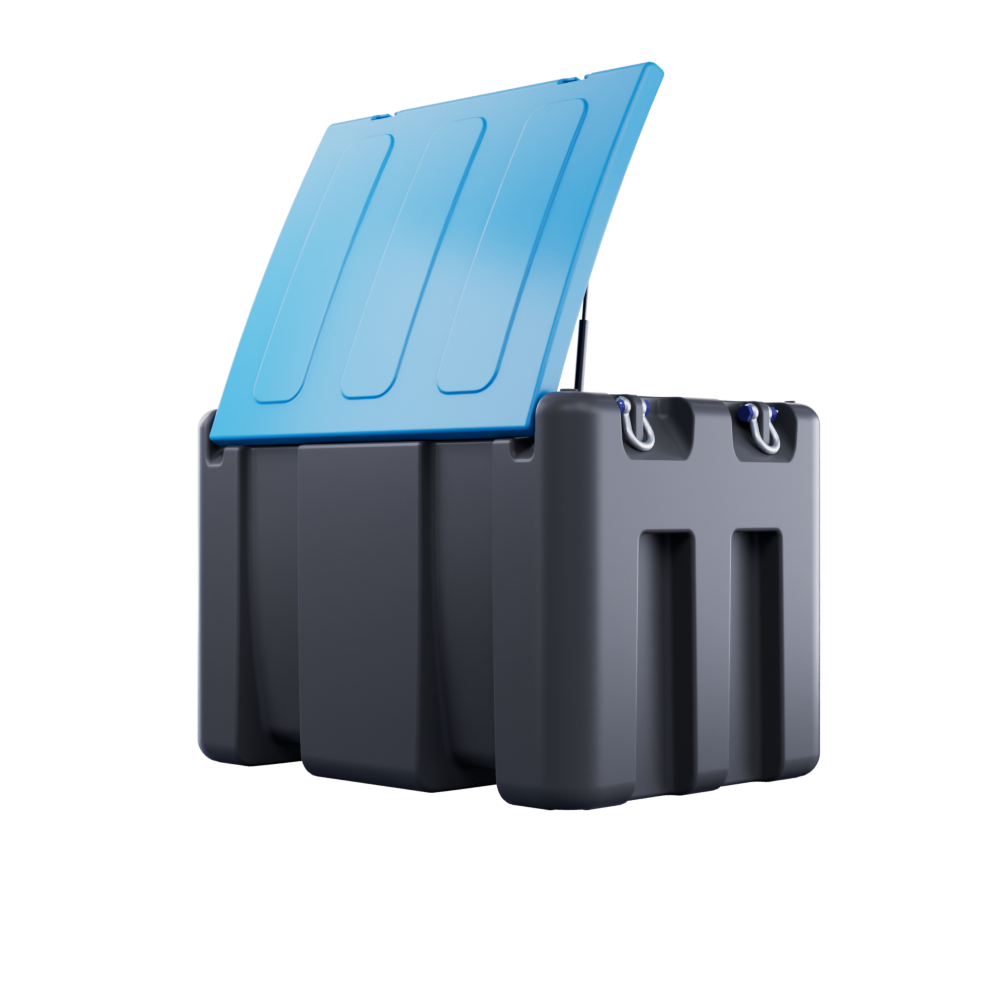 TruckMaster KOMBI 400/40 Diesel/AdBlue är en stor, robust svart behållare med ett blått gångjärnslock, delvis öppet och säkrat med två metallås - perfekt för förvaring eller transport av diesel och AdBlue.