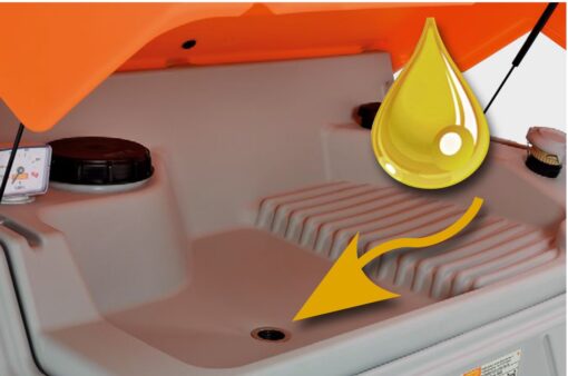 Närbild av Spilloljetank Cube 1500L, orange och grå, med locket öppet för att visa oljepåfyllningsporten. En gul oljedroppsikon och en pil visar var oljan ska fyllas på.