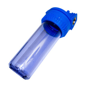 Filterbehållare EMTEK 10" har ett genomskinligt plasthölje och ett blått skruvlock, som visas snett mot en vit bakgrund.