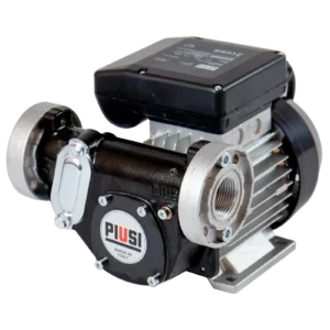 Dieselpump Panther 230v 90l/min är en svart och silverfärgad elektrisk bränslepump med metallbeslag, en svart kontrollbox, industriell design och en synlig monteringsbas.